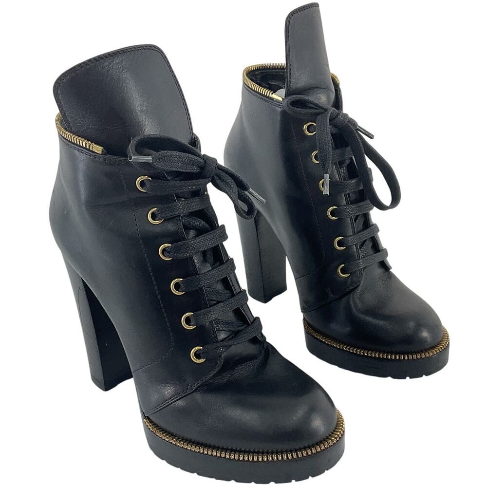 Sergio Rossi Black Leather Lace-Up Ankle Booties with Gold Zipper Trim